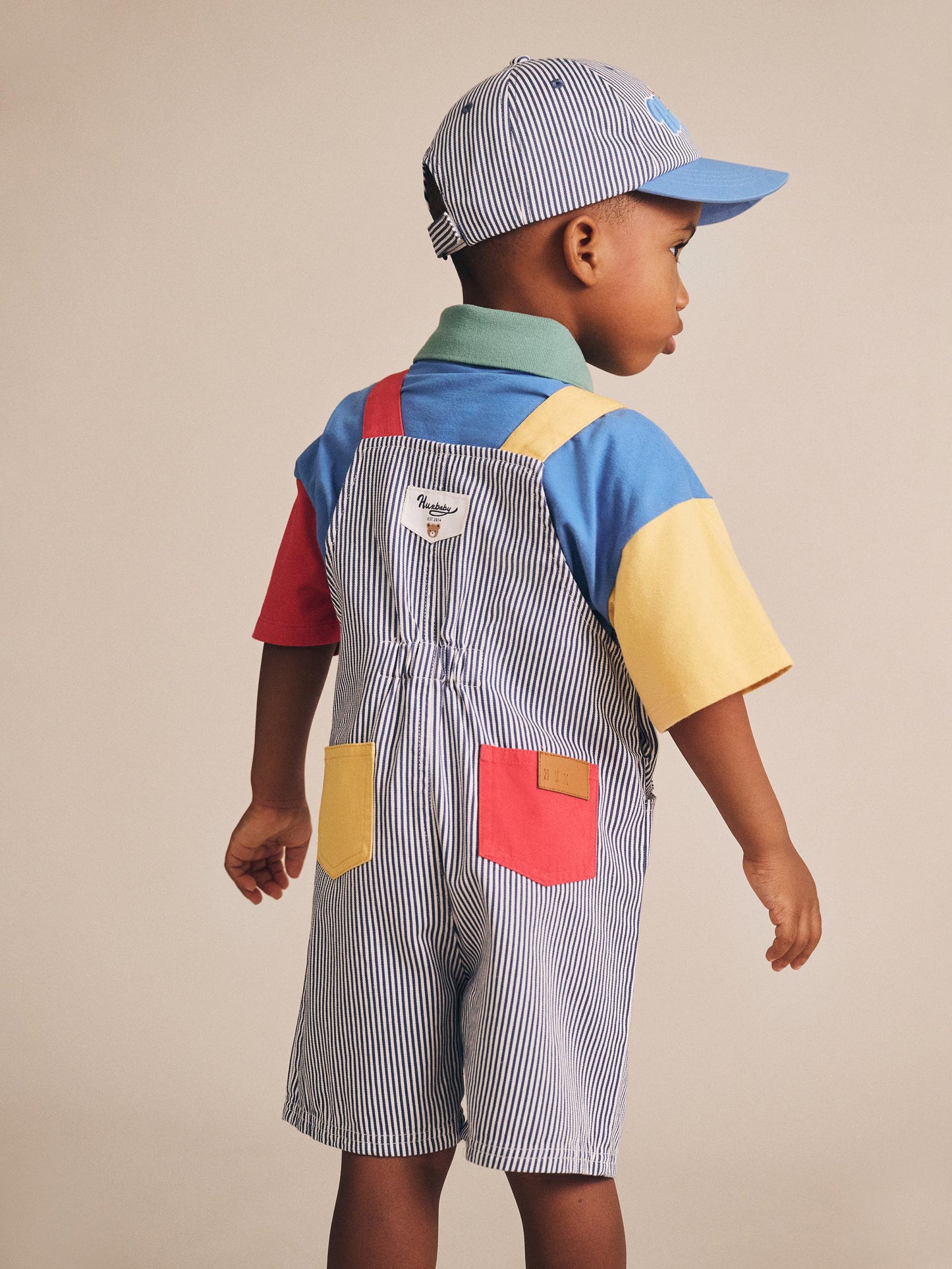 CLASSIC STRIPE SHORT OVERALLS - NAVY ALMOND MILK