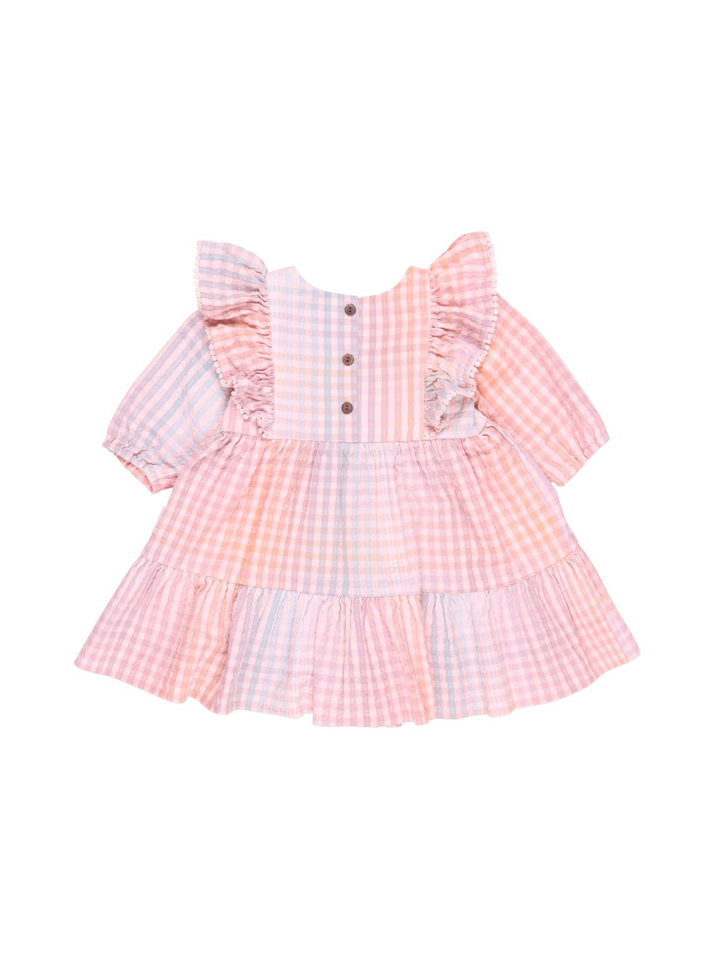 RAINBOW CHECK FRILL LONG SLEEVE DRESS - MULTI