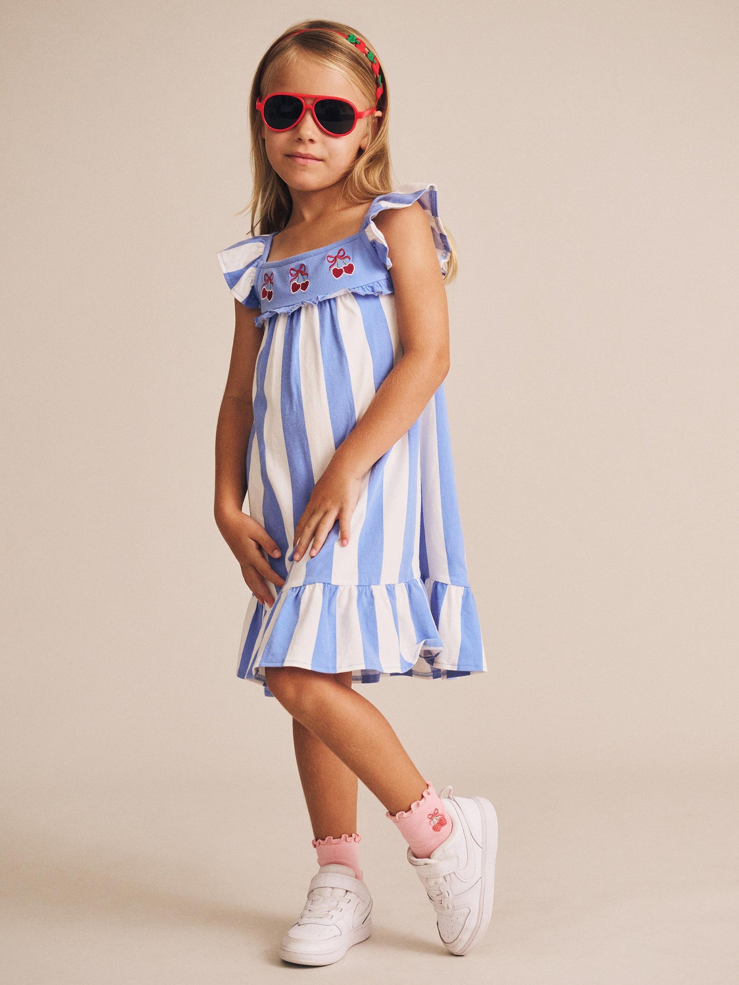 SEASIDE CHERRY STRIPE DRESS - SEASIDE ALMOND MILK