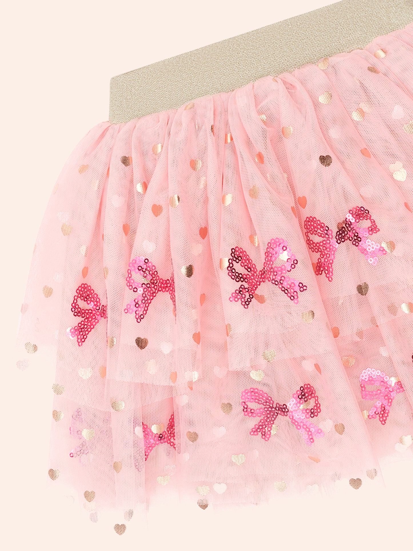 SEQUIN BOW TIERED TULLE SKIRT - DUSTY PINK