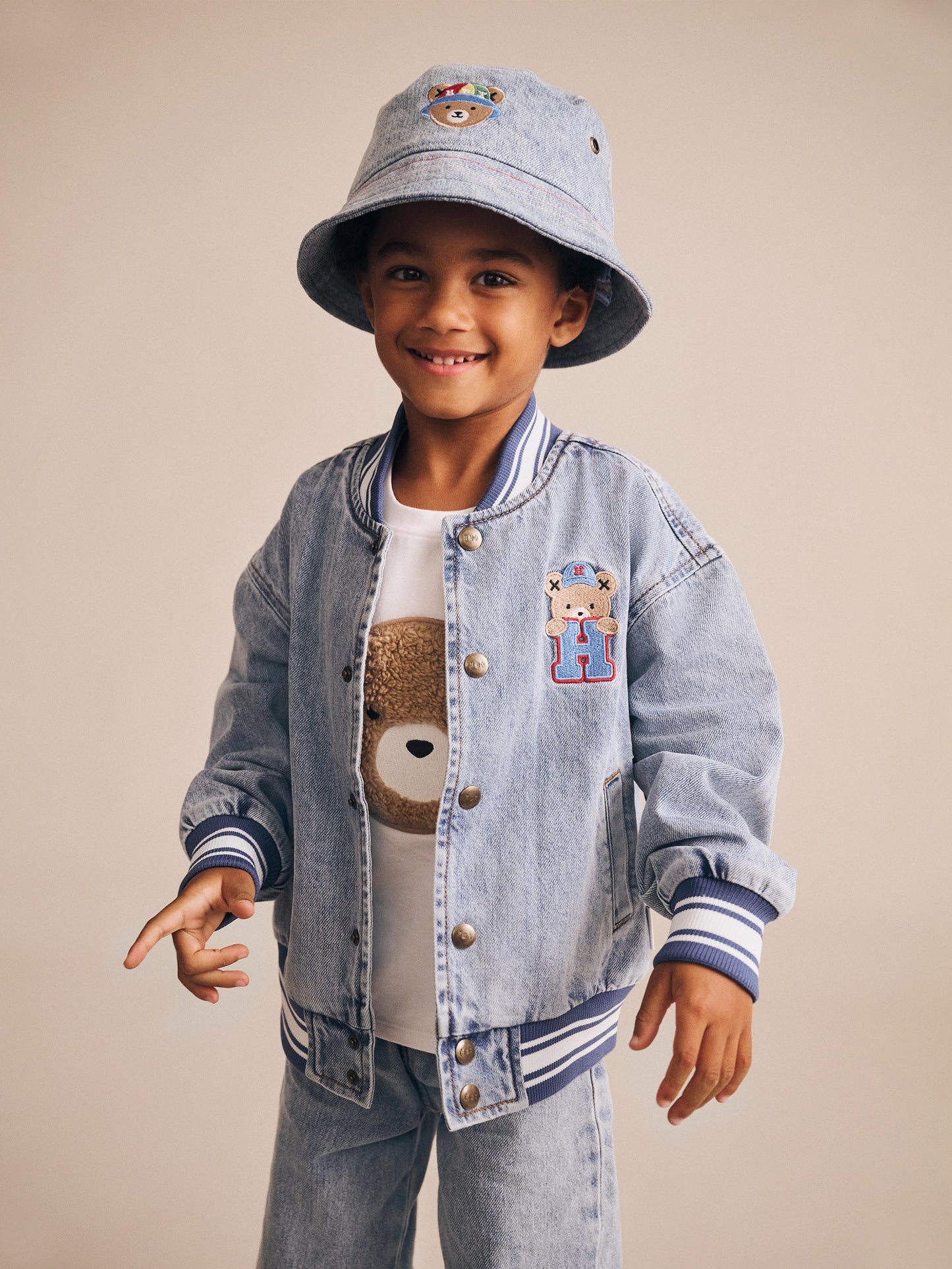 DREAMY DENIM VARSITY BOMBER