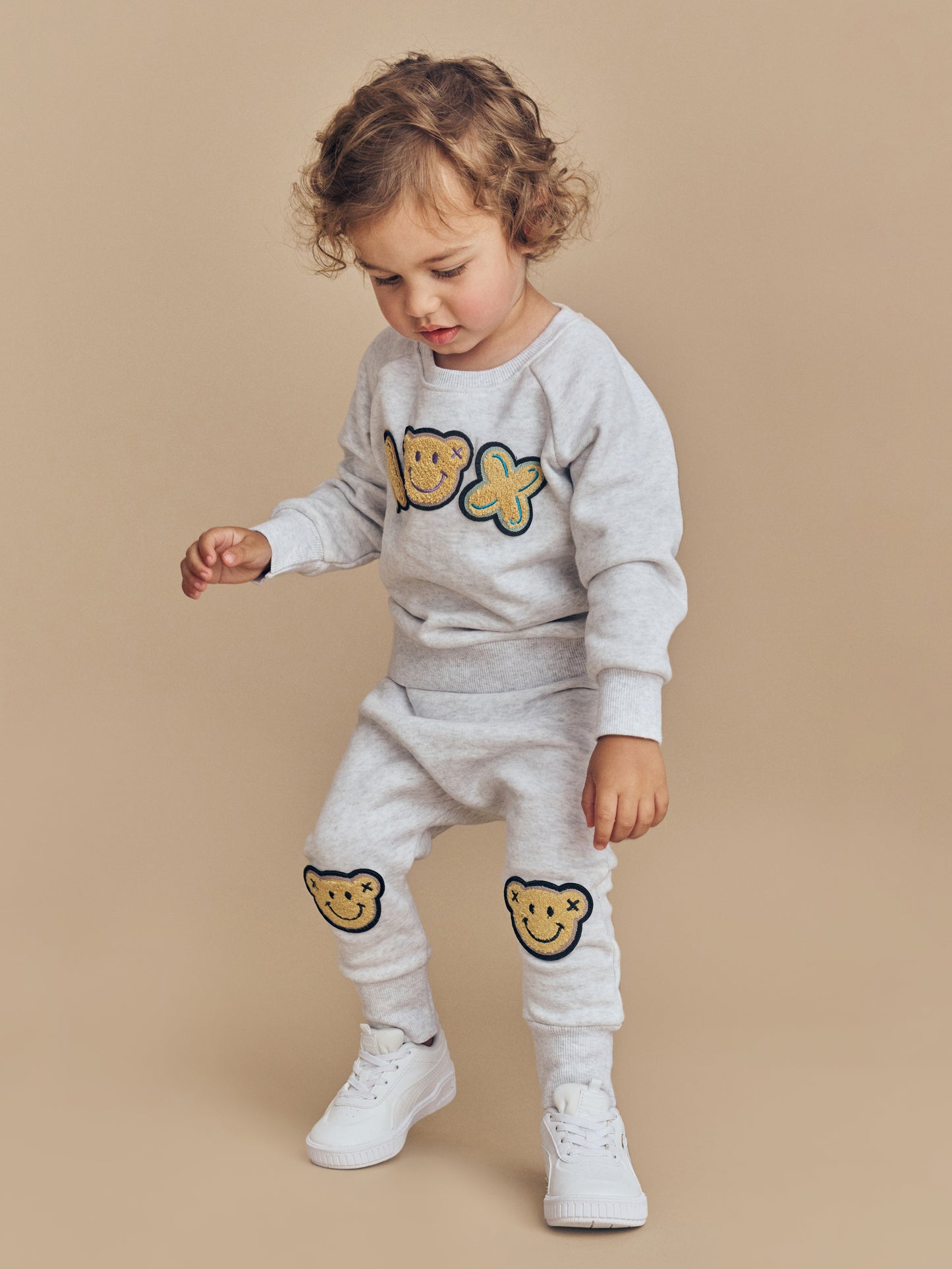 SMILE BEAR DROP CROTCH PANT - LIGHT GREY MARLE