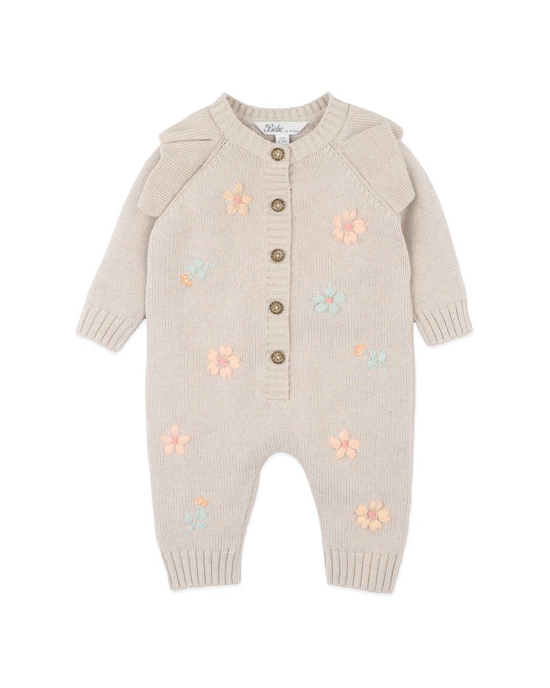 FERN HAND EMBROIDERED ORGANIC KNIT ROMPER - OAT