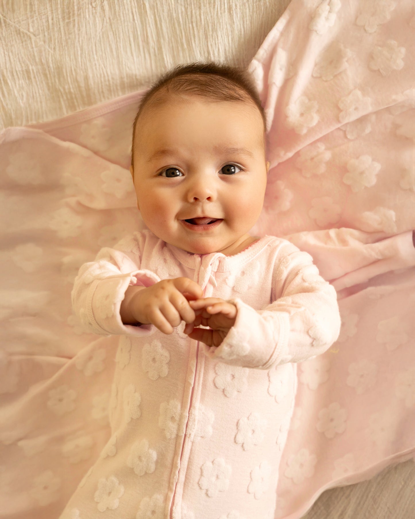 FLOWER ORGANIC JACQUARD LS ONESIE - PINK