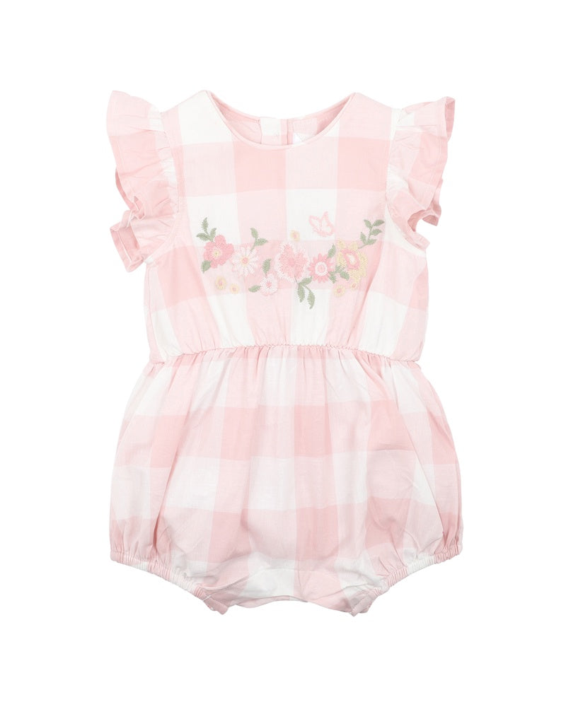 LARA EMBROIDERED CHECK ROMPER - PINK CHECK
