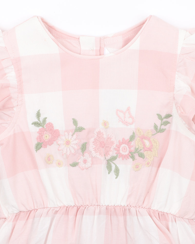 LARA EMBROIDERED CHECK ROMPER - PINK CHECK