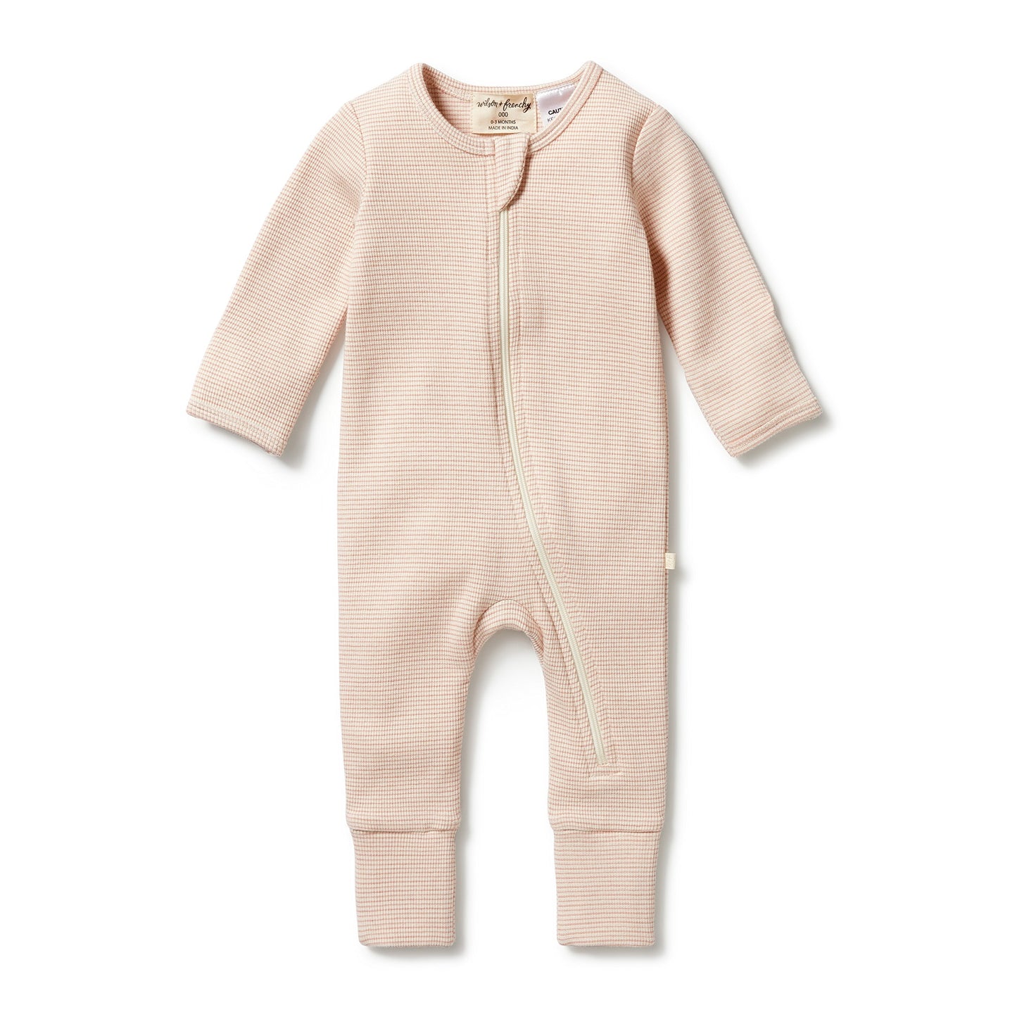 ORGANIC STRIPE RIB ZIPSUIT WITH FEET - ROSE