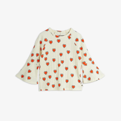 MINI RODINI OUTLINES HEARTS AOP TRUMPET SLEEVE TOP - OFF WHITE