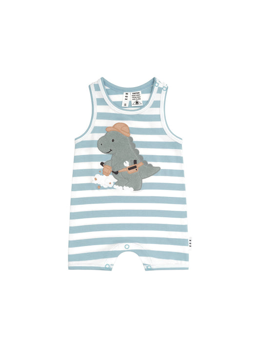 CONSTRUCTION DINO STRIPE SLEEVELESS ROMPER - MARINE BLUE/ ALMOND MILK MARINE BLUE| ALMOND MILK-
