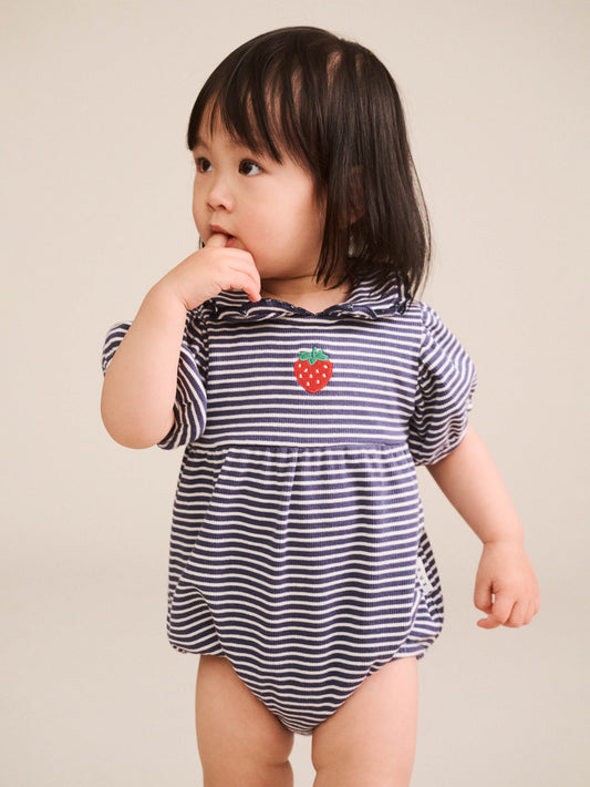 INK STRIPE RIB COLLAR ROMPER - INK ALMOND STRIPE