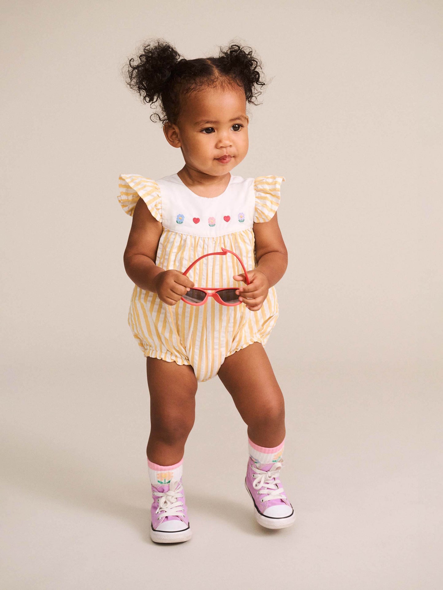 FLOWER FIELD STRIPE PLAYSUIT - GOLDEN ALMOND MILK