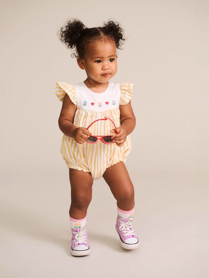 FLOWER FIELD STRIPE PLAYSUIT - GOLDEN ALMOND MILK