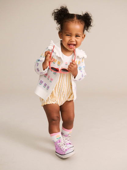 FLOWER FIELD STRIPE PLAYSUIT - GOLDEN ALMOND MILK