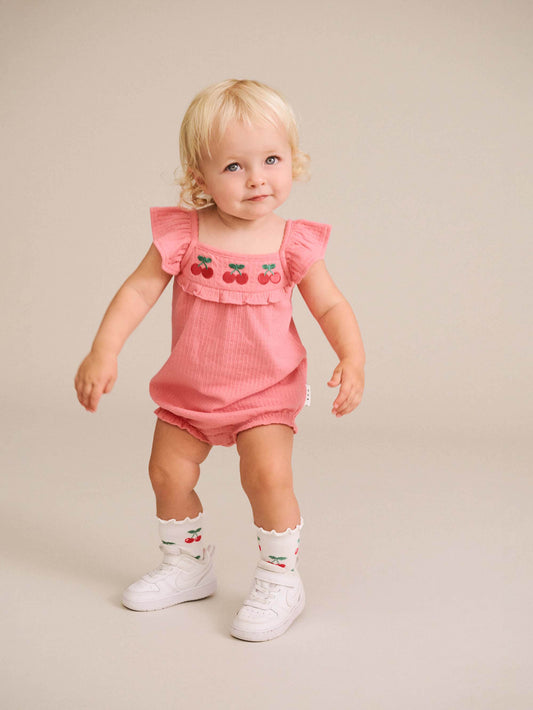 CHERRY EMB PLAYSUIT - FLAMINGO