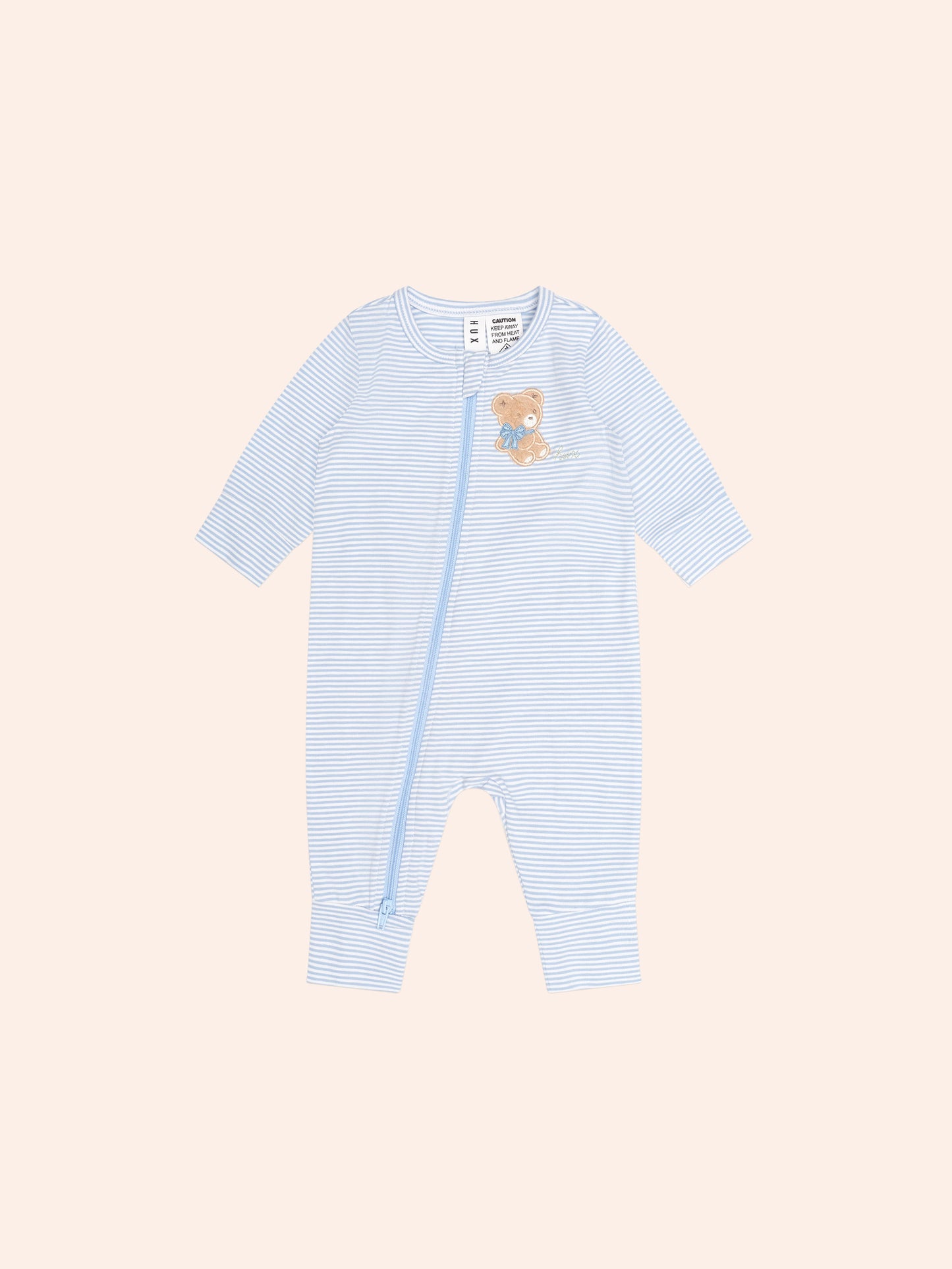 BOW HUX STRIPE ZIP ROMPER - BABY BLUE ALMOND MILK