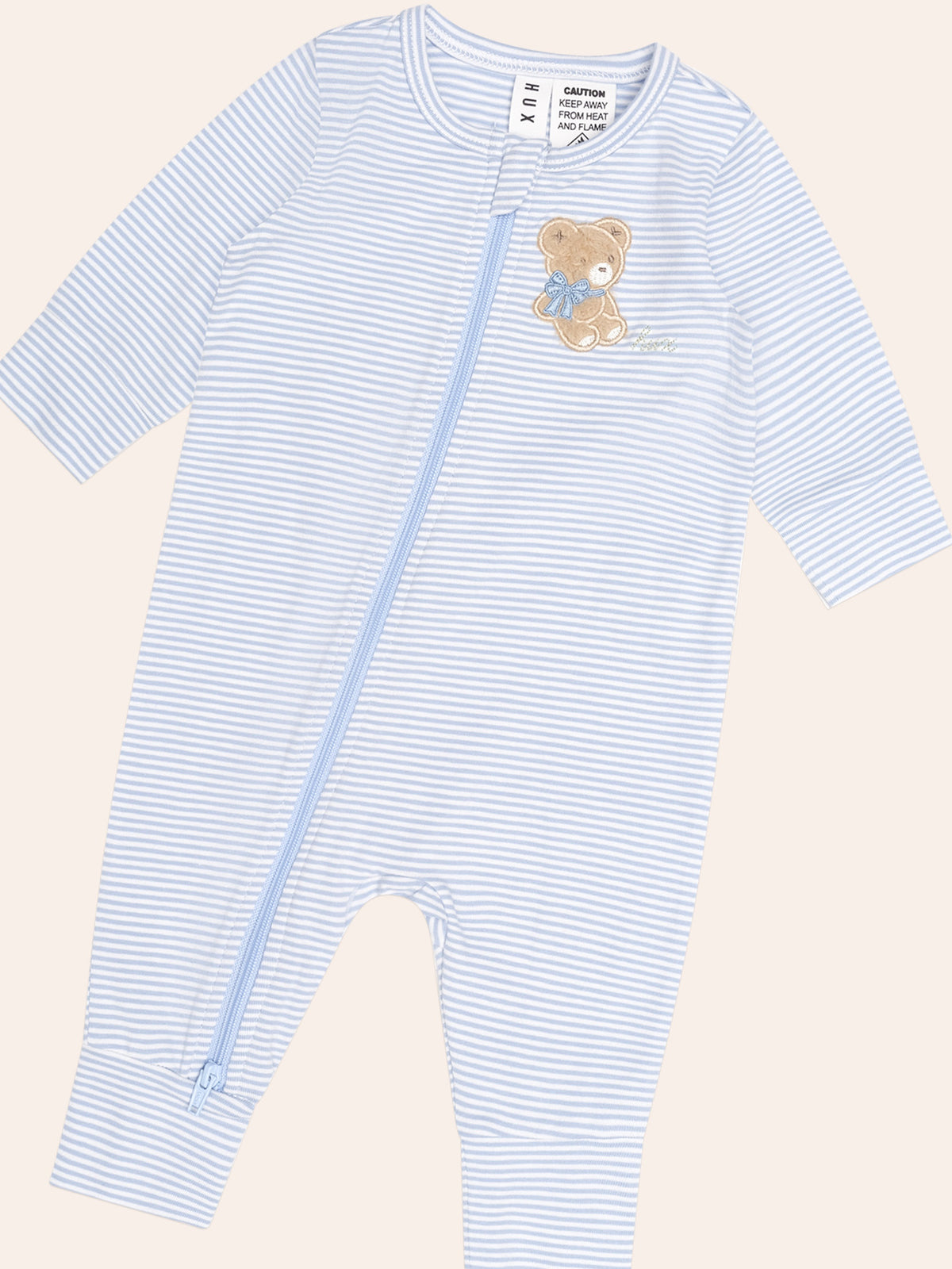 BOW HUX STRIPE ZIP ROMPER - BABY BLUE ALMOND MILK