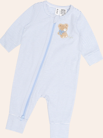 BOW HUX STRIPE ZIP ROMPER - BABY BLUE ALMOND MILK