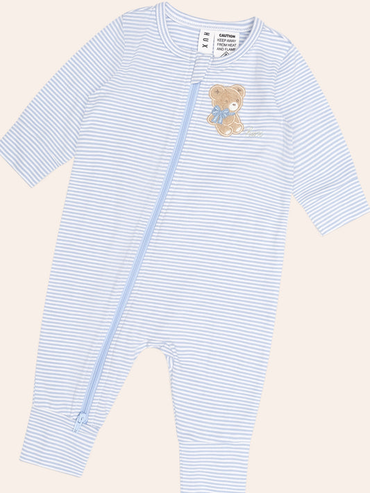 BOW HUX STRIPE ZIP ROMPER - BABY BLUE ALMOND MILK