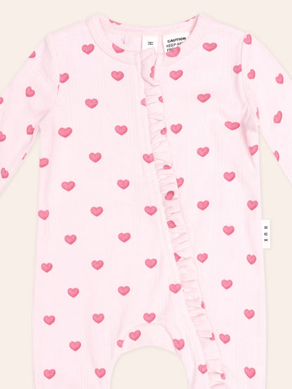 I HEART YOU POINTELLE FRILL ZIP ROMPER - BABY PINK