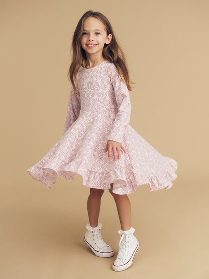 FLOWERBOW LONG SLEEVE SWING DRESS - PINK PEARL