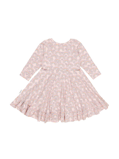 FLOWERBOW LONG SLEEVE SWING DRESS - PINK PEARL