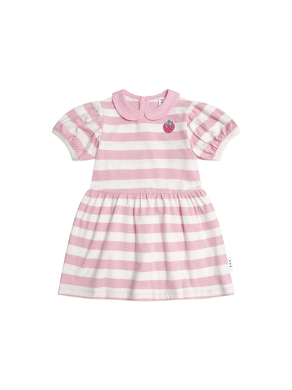 STRAWBERRY STRIPE PUFF SLEEVE DRESS - STRAWBERRY ALMOND MILK
