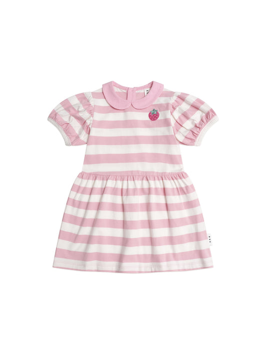 STRAWBERRY STRIPE PUFF SLEEVE DRESS - STRAWBERRY ALMOND MILK