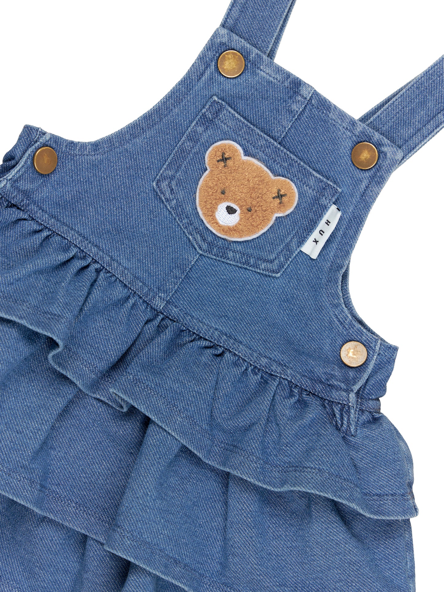 HUXBEAR KNIT DENIM FRILL OVERALL DRESS - DENIM LUE