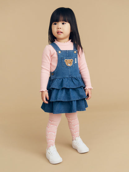 HUXBEAR KNIT DENIM FRILL OVERALL DRESS - DENIM LUE