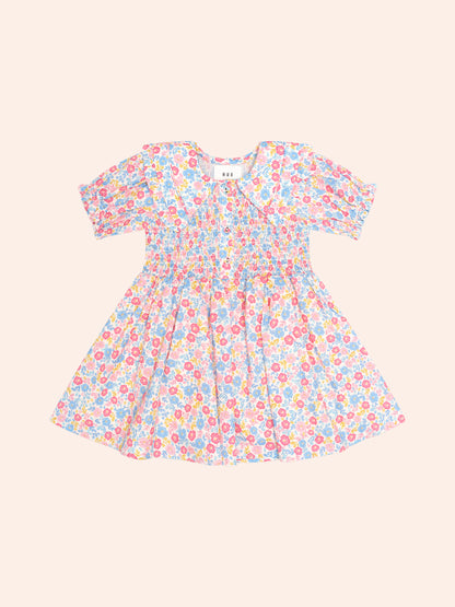 VINTAGE FLORAL SHIRRED COLLAR DRESS - MULTI