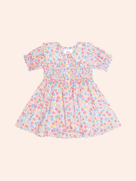 VINTAGE FLORAL SHIRRED COLLAR DRESS - MULTI