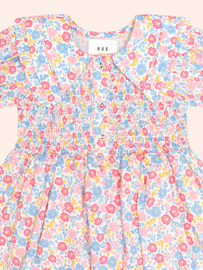 VINTAGE FLORAL SHIRRED COLLAR DRESS - MULTI
