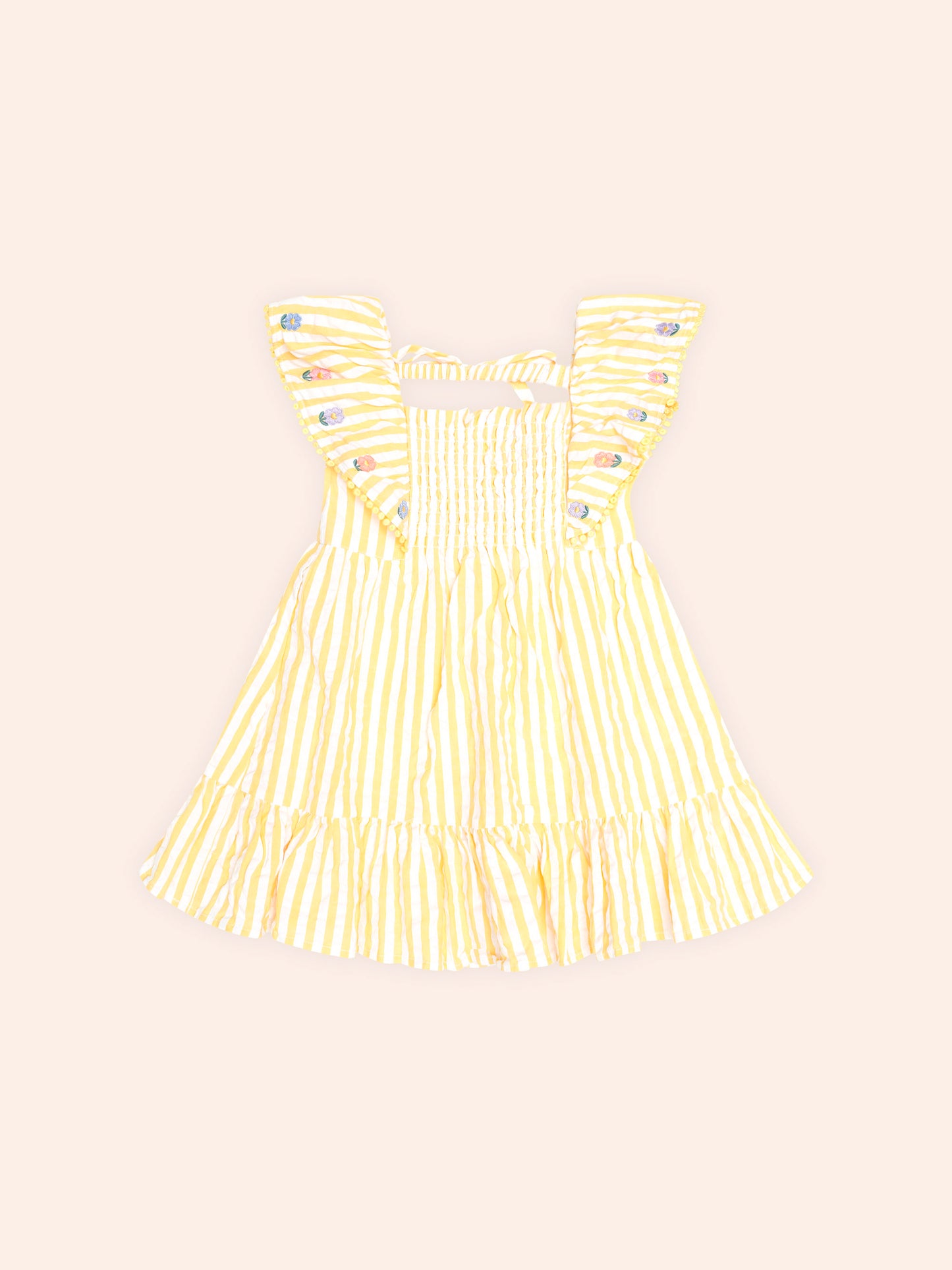 FLOWER FIELD STRIPE SHIRRED DRESS - GOLDEN ALMOND MILK