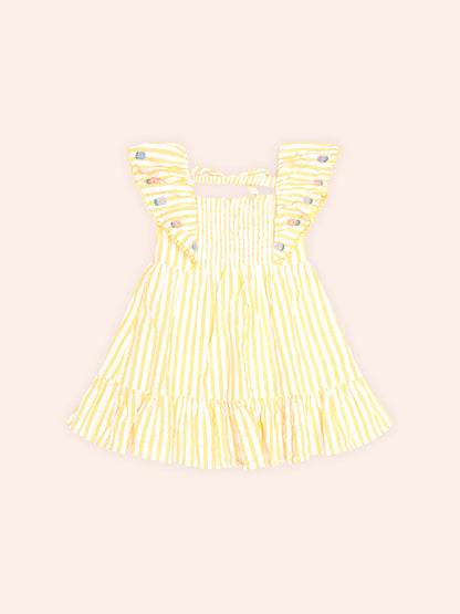 FLOWER FIELD STRIPE SHIRRED DRESS - GOLDEN ALMOND MILK