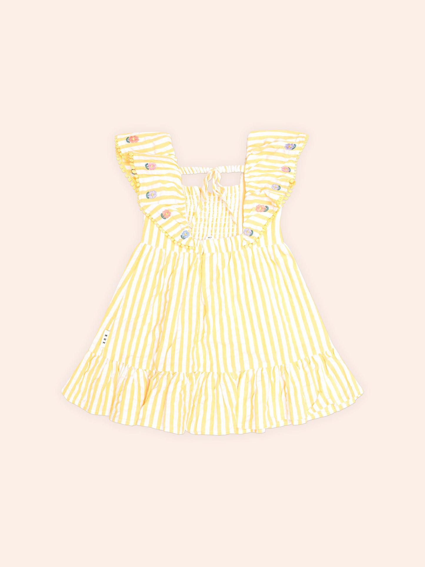FLOWER FIELD STRIPE SHIRRED DRESS - GOLDEN ALMOND MILK
