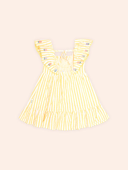 FLOWER FIELD STRIPE SHIRRED DRESS - GOLDEN ALMOND MILK