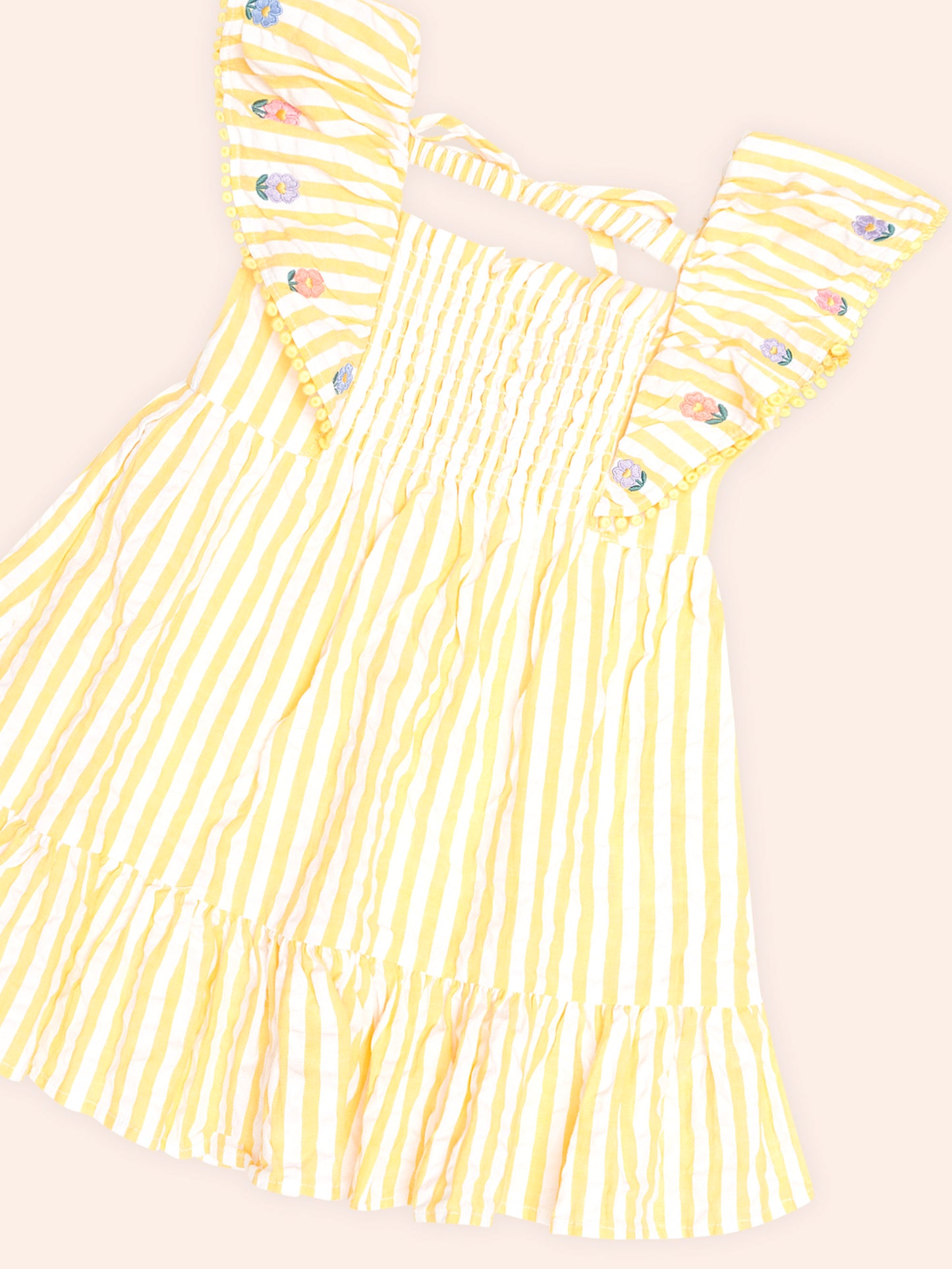 FLOWER FIELD STRIPE SHIRRED DRESS - GOLDEN ALMOND MILK
