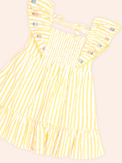 FLOWER FIELD STRIPE SHIRRED DRESS - GOLDEN ALMOND MILK