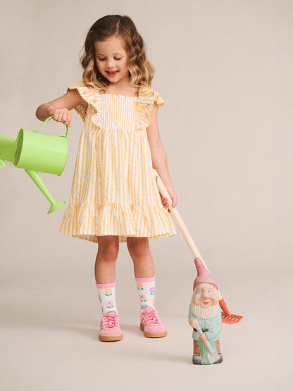 FLOWER FIELD STRIPE SHIRRED DRESS - GOLDEN ALMOND MILK