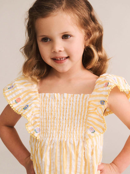 FLOWER FIELD STRIPE SHIRRED DRESS - GOLDEN ALMOND MILK