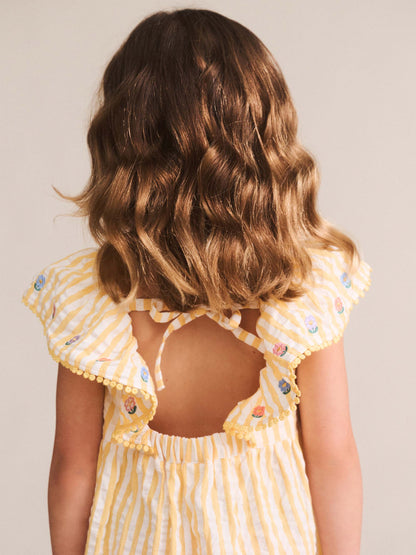 FLOWER FIELD STRIPE SHIRRED DRESS - GOLDEN ALMOND MILK