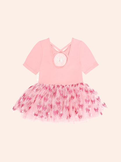 GLITTER BOW TUTU TULLE DRESS - VINTAGE PINK