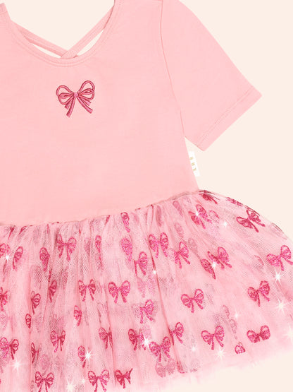 GLITTER BOW TUTU TULLE DRESS - VINTAGE PINK