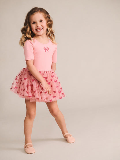 GLITTER BOW TUTU TULLE DRESS - VINTAGE PINK