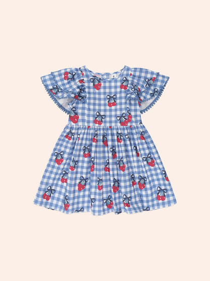 CHERRY GINGHAM FRILL DRESS - BIJOU BLUE CHECK