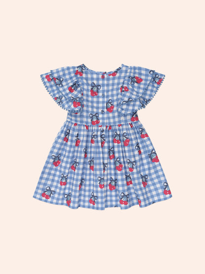 CHERRY GINGHAM FRILL DRESS - BIJOU BLUE CHECK