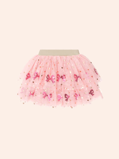 SEQUIN BOW TIERED TULLE SKIRT - DUSTY PINK