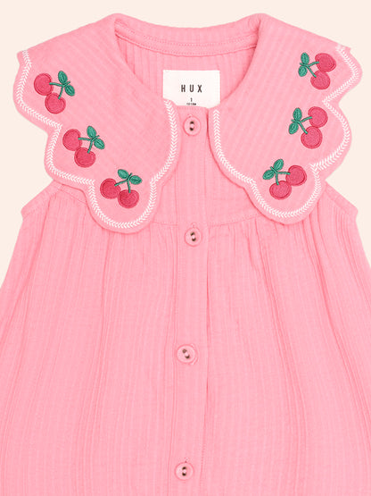 CHERRY EMB COLLAR DRESS - FLAMINGO