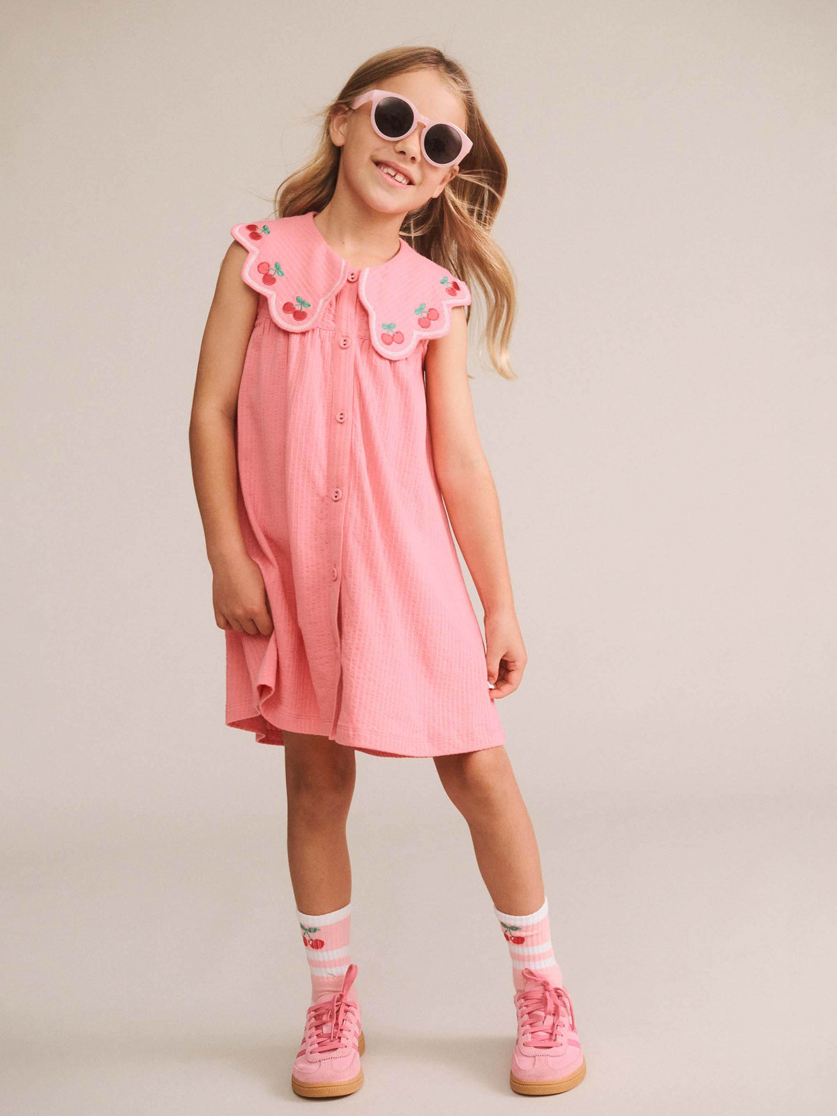 CHERRY EMB COLLAR DRESS - FLAMINGO