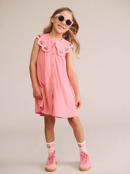 CHERRY EMB COLLAR DRESS - FLAMINGO